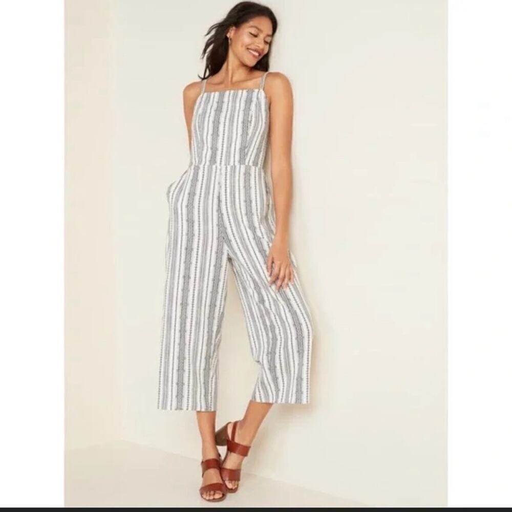 Linen-Blend Geometric-Stripe Sleeveless Jumpsuit -Size Small - Picture 4 of 7